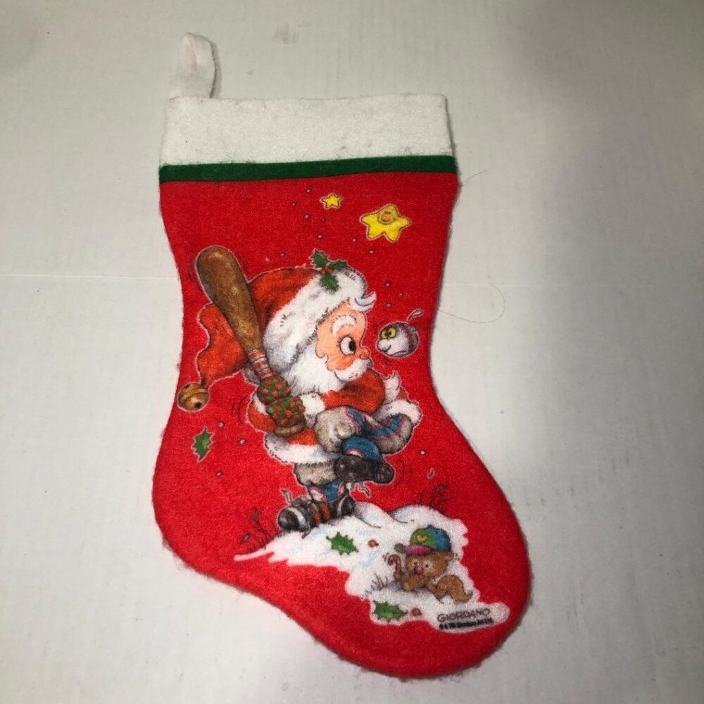 Vintage Giordano Santa Claus Playing Baseball Felt Christmas Stocking Red White